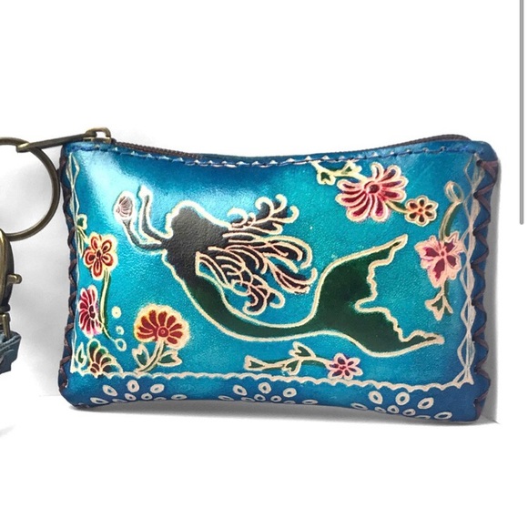 Genuine leather handmade handcrafted mermaid cute coin wristlet bag - Picture 2 of 4